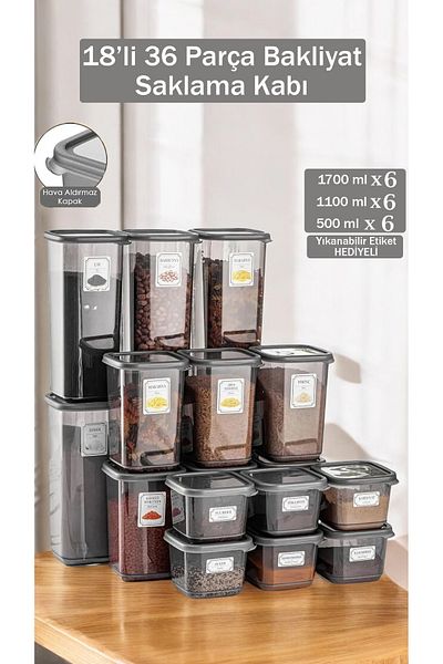 Home 18-Piece Anthracite Food Storage Set - Square Lid, Spice Rack, 6X(0.50 Lt-1,10 Lt -1.70 Lt)