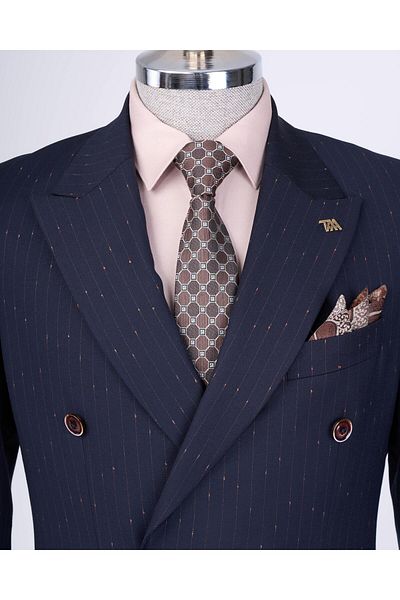 TerziAdemAltun Sötétkék Slim Fit csíkos duplasoros dzseki és nadrág szett - T9501