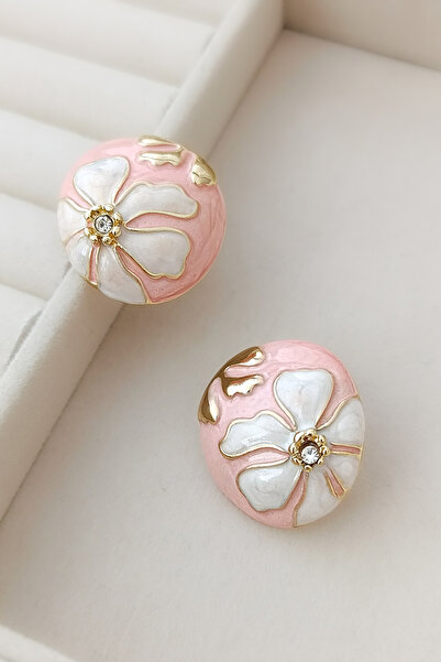 COSİTA Gold Pink Flower Motif Luxury Mine Filling Colorful Design Earrings