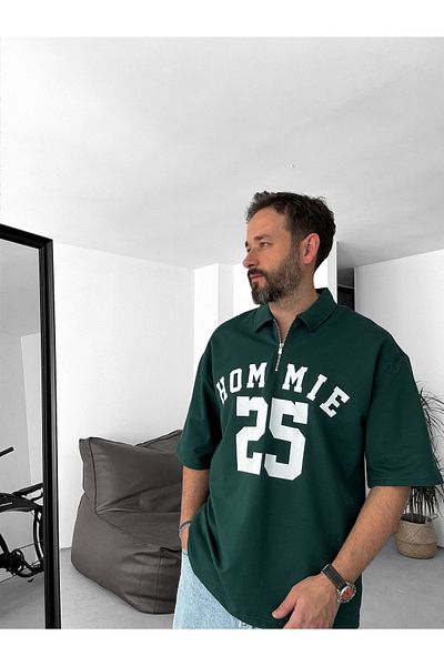 BYBASICMAN Dark Green 25 Printed Half Zipper T-Shirt Lb-2009