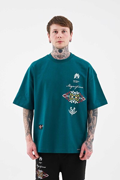 Machinist Ανδρικό μπλουζάκι με έθνικ στάμπα και κέντημα, λαδί πράσινο