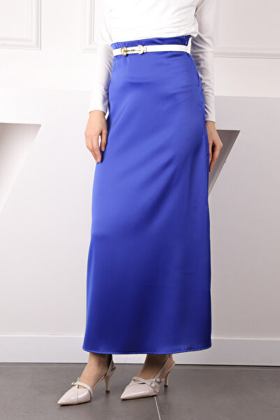 İmajButik Saks Blue Side Zipper Satin Flared Skirt