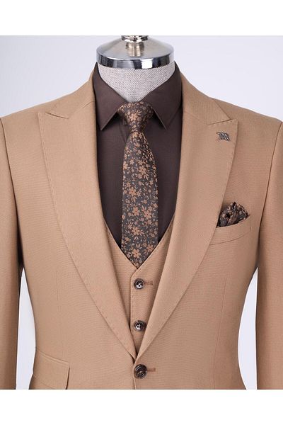 TerziAdemAltun Camel Italian Style Slim Fit Jacket Vest and Pants Set - T11487