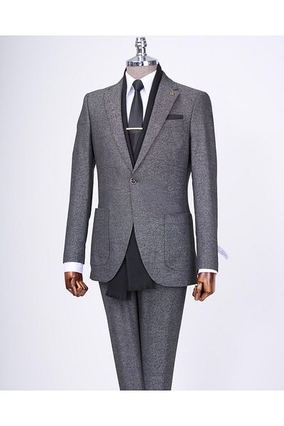 TerziAdemAltun Black Slim Fit Italian Style Mono Collar Jacket and Trousers Set - T11550