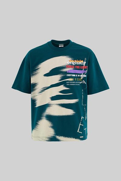 Machinist Men's Multi Colored and Slogan Printed Oversize Oil Green T-Shirt