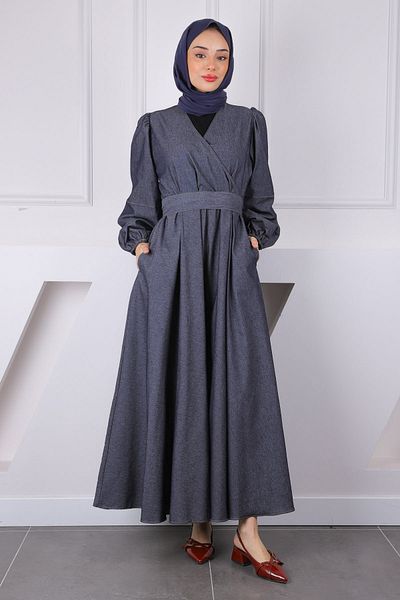 İmajButik Μπλε ναυτικό τζιν φόρεμα με διπλό στήθος με ζώνη μέσης