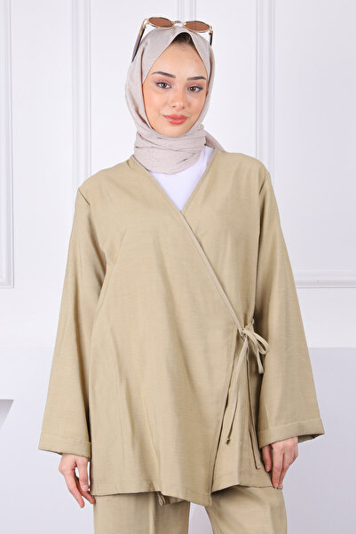 İmajButik Oil Green Front Tie Kimono Suit with Pants