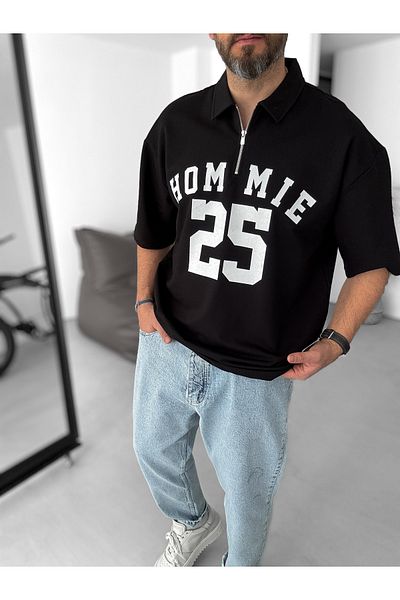 BYBASICMAN Black 25 Printed Half Zipper T-Shirt Lb-2009