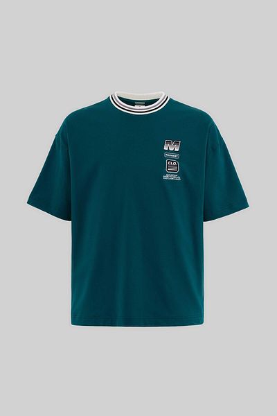 Machinist Men's Striped Collar And Embroidered Oversized Oil Green T-Shirt