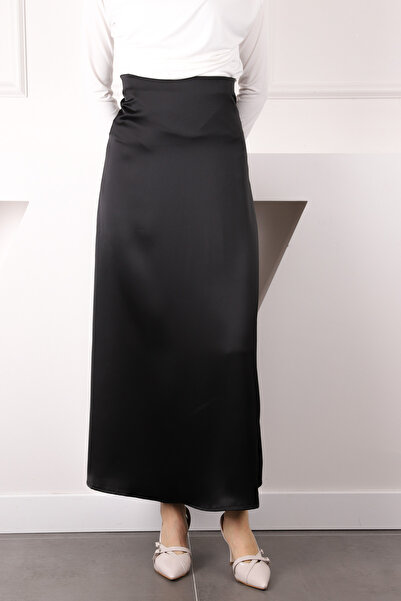 İmajButik Black Side Zipper Satin Flared Skirt