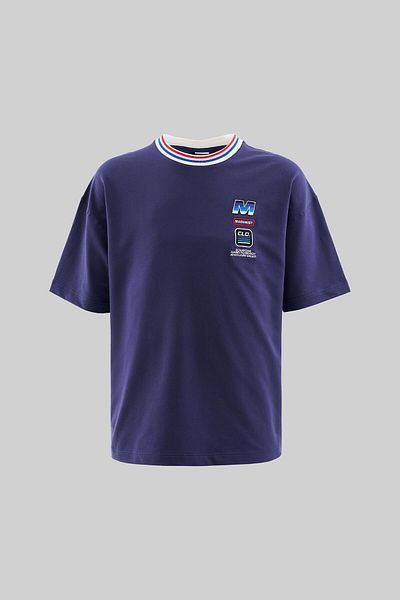 Machinist Men's Striped Collar And Embroidered Oversize Navy Blue T-Shirt