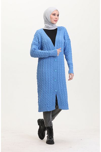 sefamerve Cardigan lung tricotat cu nasturi albastre 0377-02