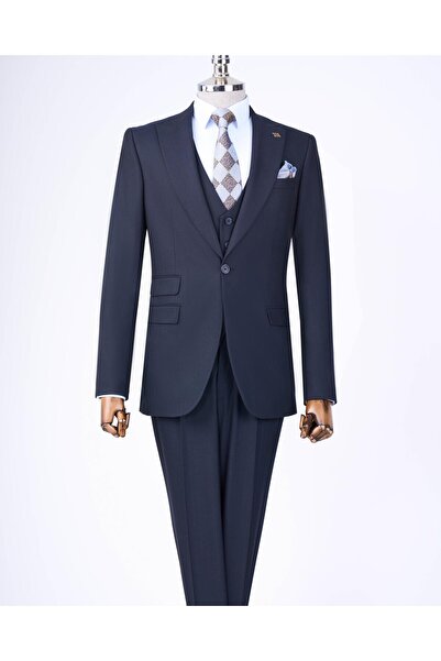 TerziAdemAltun İtalyan stil ceket yelek pantolon takım elbise Lacivert T8621