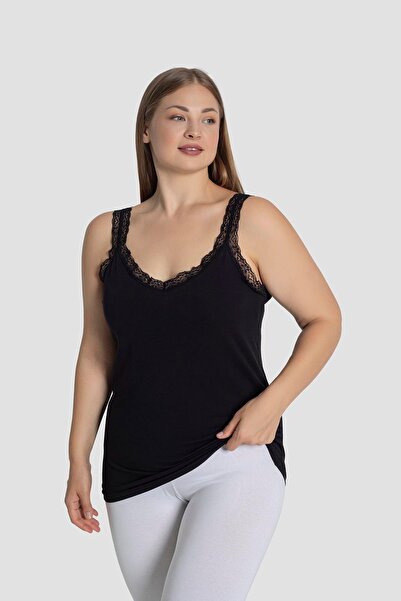Arma Yıldız Women's Black Lace Collar Large Size Undershirt with Mantle Flexible and Comfortable