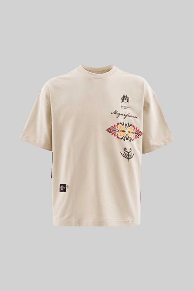 Machinist Men's Ethnical Printed and Embroidered T-Shirt Soft Beige