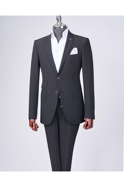 TerziAdemAltun Black Italian Style Slim Fit Striped Jacket and Tie-Up Waist Trousers Set - T11791