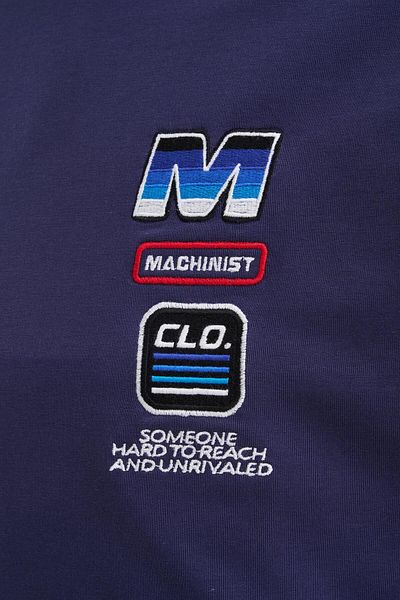 Machinist Men's Striped Collar And Embroidered Oversize Navy Blue T-Shirt