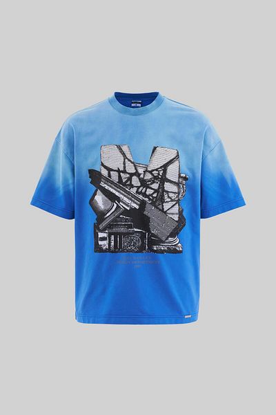 Machinist Men's Cracked Printed Washable Oversize Soft Blue T-Shirt
