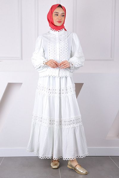 İmajButik Σετ μπλούζα με εκρού κορδόνι με φούστα