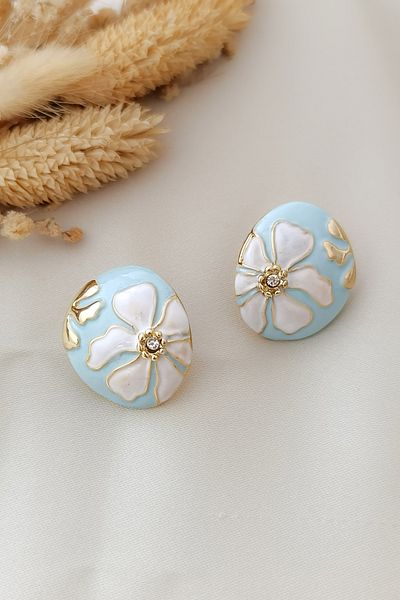 COSİTA Gold Blue Flower Motif Luxury Mine Filling Colorful Design Earrings
