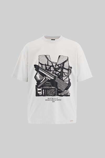 Machinist Men's Cracked Printed Washable Oversize Space Gray T-Shirt