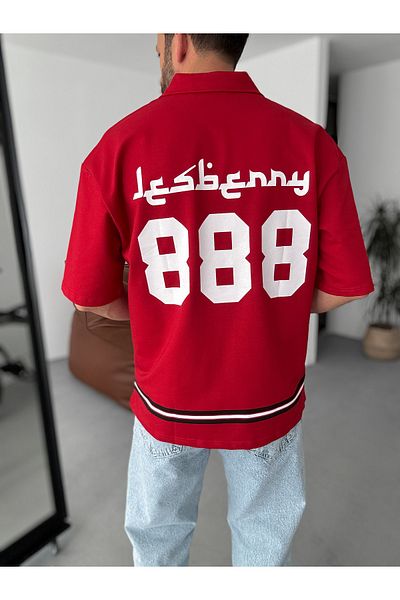 BYBASICMAN تي شيرت أحمر 888 مطبوع بنصف سحاب LB-2013