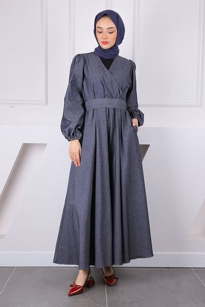İmajButik Μπλε ναυτικό τζιν φόρεμα με διπλό στήθος με ζώνη μέσης