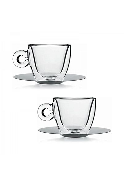 Stalgast Set of 2 universal heat-resistant glass cups with stainless steel saucers, 300 ml