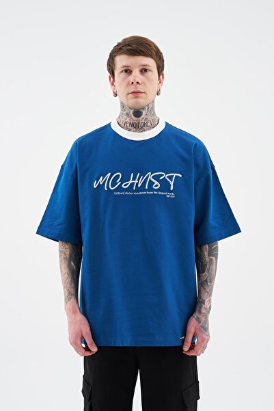 Machinist Чоловіча кольорова та технічна вишита футболка оверсайз Yeni İndigo Tişört