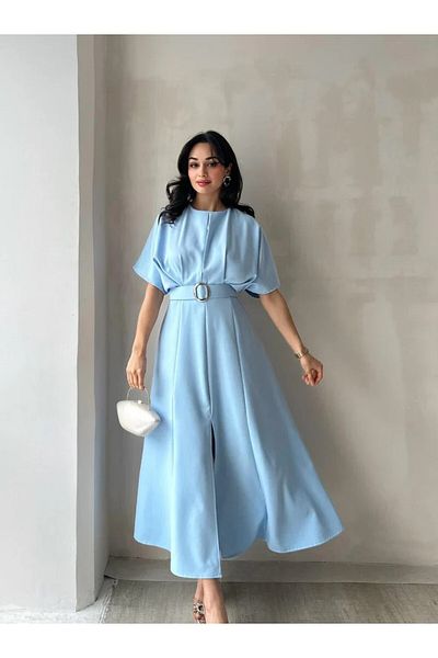 MODA DURAĞI Midi Dress with Calichters - Slit and Belt Detail