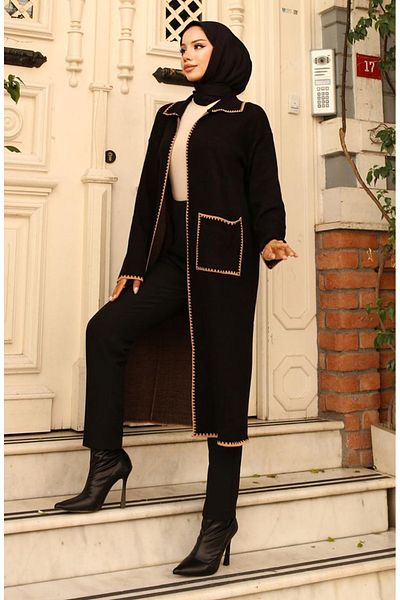 sefamerve Zigzag Detailed Long Pocket Knitwear Cardigan 24405-03 Black