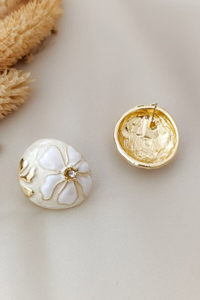 COSİTA Gold Beyaz Çiçek Motifli Luxury Mine Dolgu Renkli Tasarım Küpe
