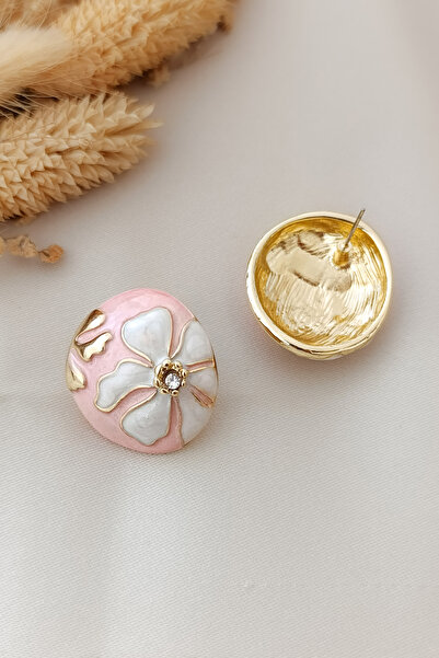 COSİTA Gold Pink Flower Motif Luxury Mine Filling Colorful Design Earrings