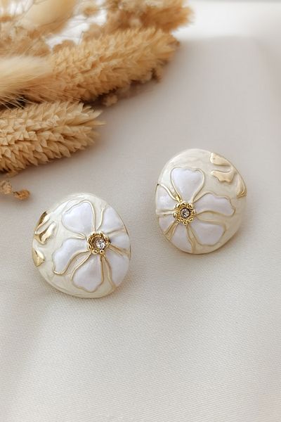COSİTA Gold White Flower Motif Luxury Mine Filling Colorful Design Earrings