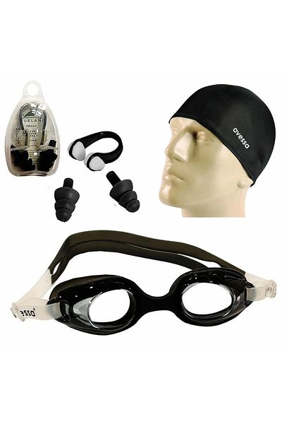 AVESSA 3-Stripes Children's Glasses Set: Swimmer, Sea, Pool + Bezel, Ear-Nose Plug, Pink