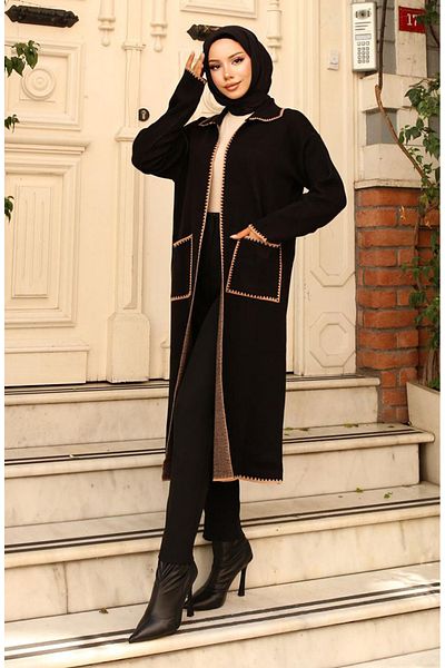 sefamerve Zigzag Detailed Long Pocket Knitwear Cardigan 24405-03 Black