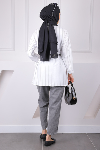 İmajButik Smoked Waist Belted Jeans Garnished Tunic Trousers Suit