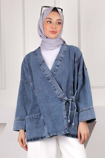 İmajButik Μπλε τζιν μπουφάν με δεμένες τσέπες