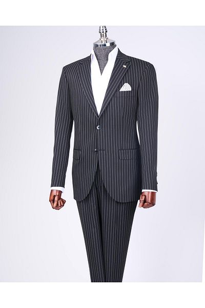 TerziAdemAltun Black Slim Fit Striped Jacket and Trousers Set - T11931