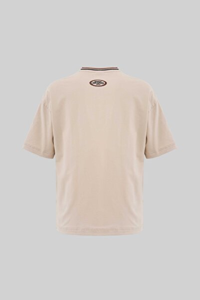 Machinist Men's Striped Collar and Embroidered Oversize Soft Beige T-Shirt