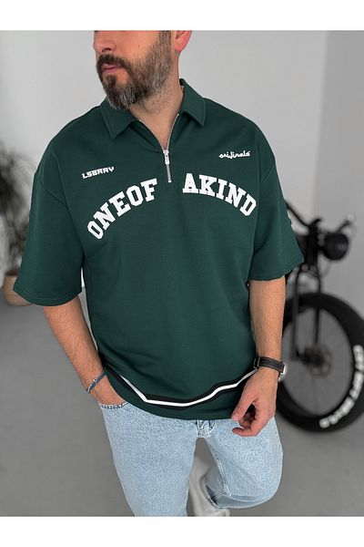 BYBASICMAN Dark Green 888 Printed Half Zipper T-Shirt Lb-2013