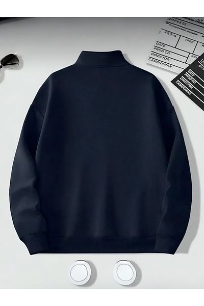 BLYDE LAYY Тъмносин суитшърт с половин цип, без принт