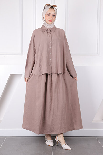 İmajButik Dark Mink Batwing Sleeve Modal Shirt Skirt Set