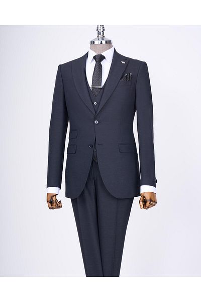 TerziAdemAltun Navy Blue Slim Fit Italian Style Jacket Vest Trousers Set - T11394