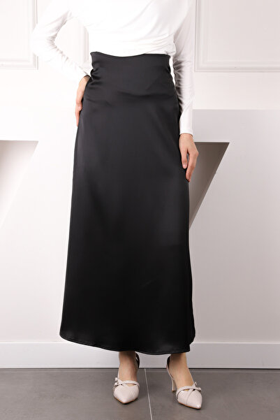 İmajButik Black Side Zipper Satin Flared Skirt