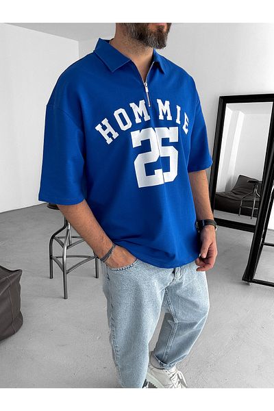 BYBASICMAN Blue 25 Printed Half Zipper T-Shirt Lb-2009