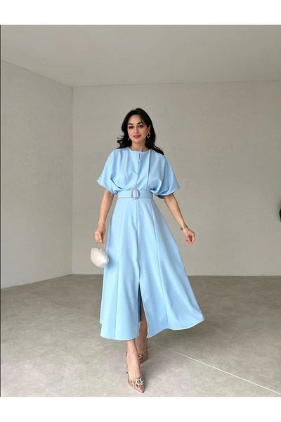 MODA DURAĞI Midi Dress with Calichters - Slit and Belt Detail
