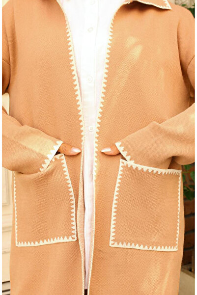 sefamerve Zikzak Detaylı Uzun Cepli Triko Hırka 24405-02 Sütlü kahve