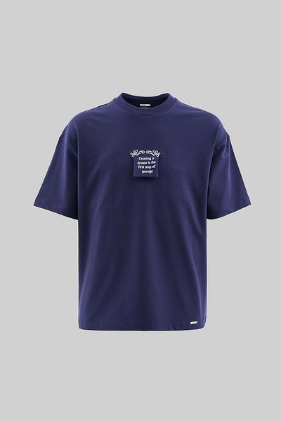 Machinist Men's Flock Printed Oversize Navy Blue T-Shirt