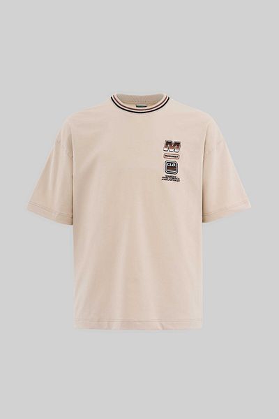 Machinist Tricou pentru bărbați cu guler în dungi și oversize brodat bej moale